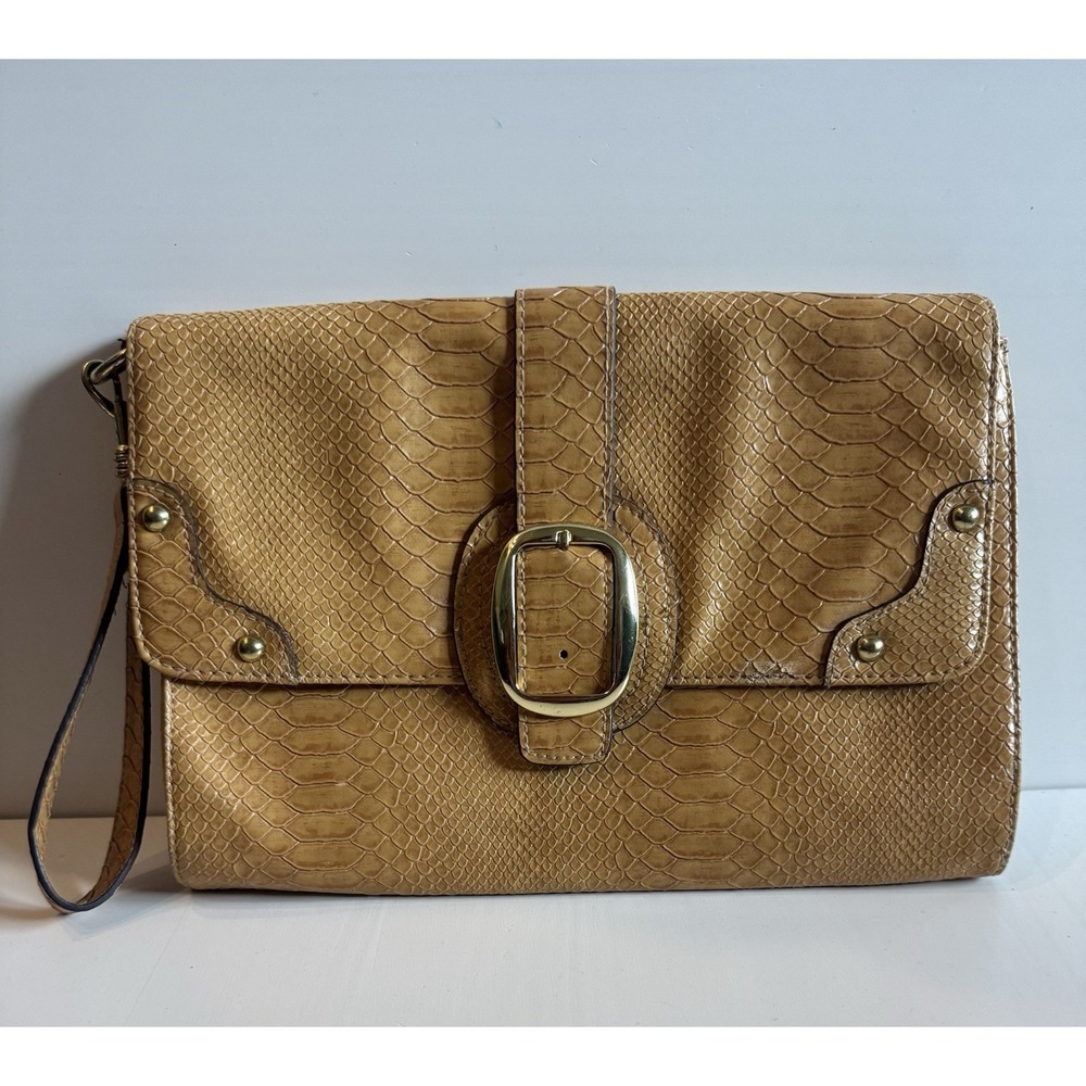 Snake Embossed Faux Leather Clutch Wristlet Camel Tan Y2K Boho Chic Purse